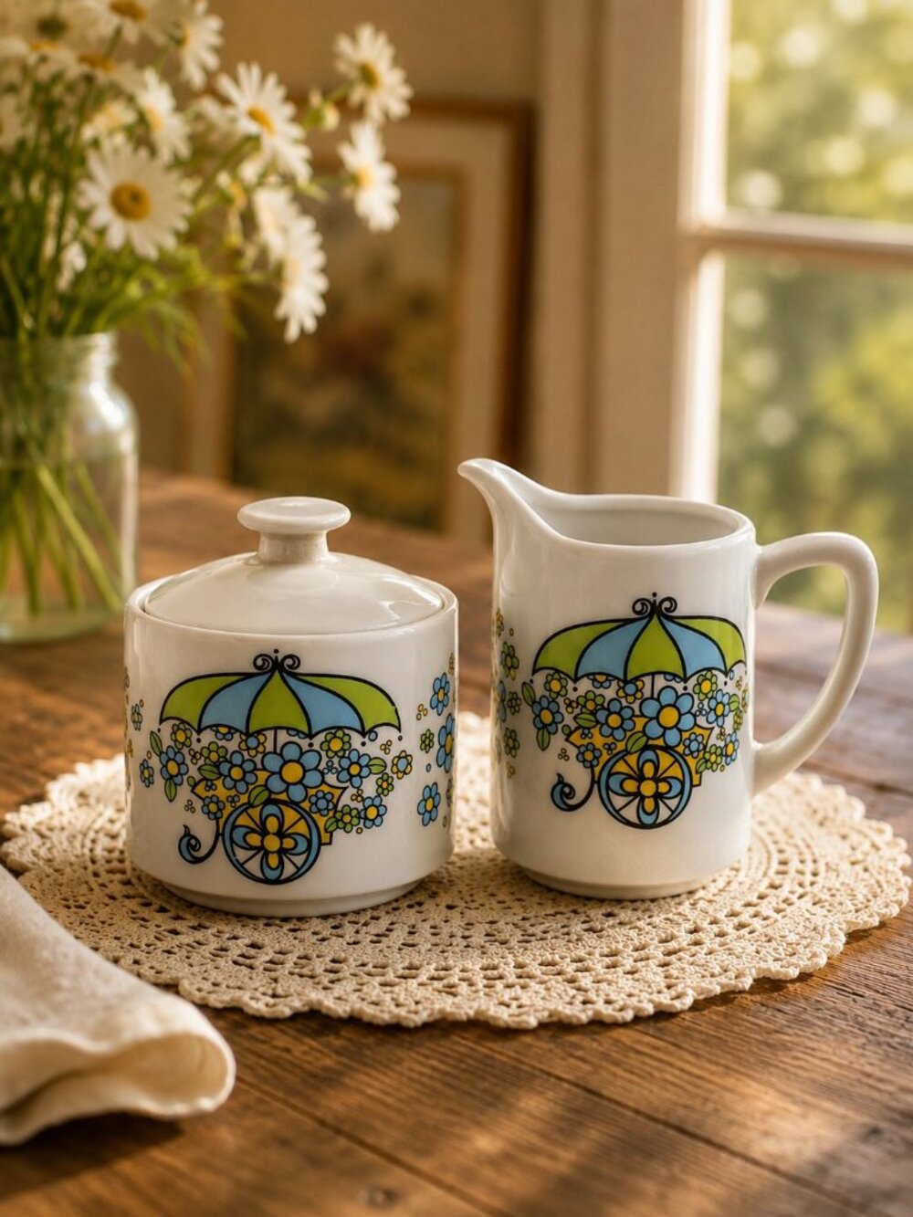Vintage Japan Floral Sugar Bowl & Creamer Set Umbrella Flower Cart Ceramic Retro